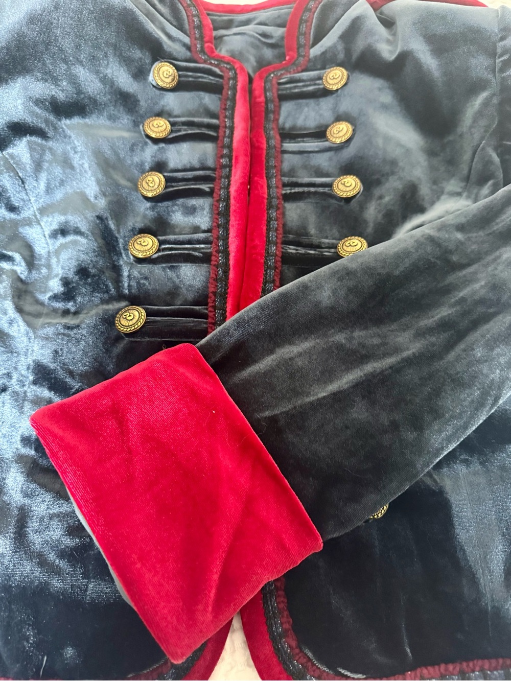 NWOT Women’s Hussar Military-Style Cropped Velvet Jacket in Navy with Red Trim - Picture 7 of 9